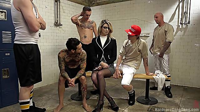 Naked bitch fucked by multiple dudes and jizzed on face