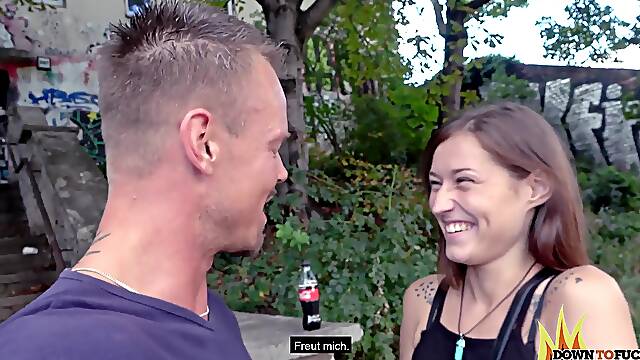 Public sex of a couple with an 18-year-old girl, Mina, in a stunning setting