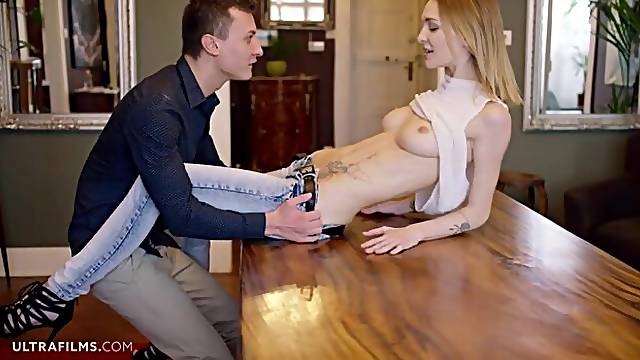 Anal session in the doggy style pose with a hot brunette Belle Claire