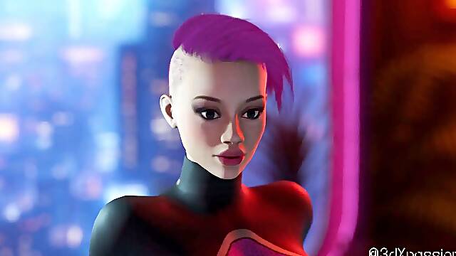 Under neon skin. Sexy cyberpunk girl big tits gets huge cumshot on her face
