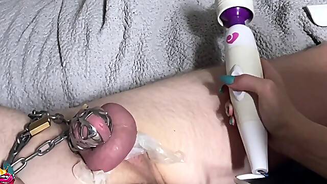 Mistress BJQueen Milks Chastity Cage Into Condom Cum