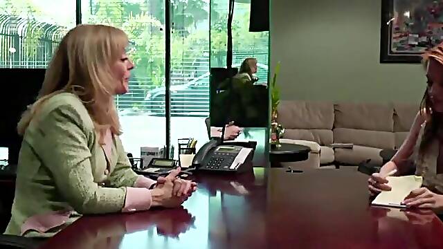 Hot office babes Nina Hartley and Pepper Kester finger and lick each others big tits and busty bodies