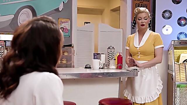 Vintage diner interracial lesbian fuck with two hotties