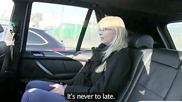 Nerdy amateur with big tits gets seduced by her taxi driver, Nerdy amateur with big tits gets seduced by her taxi driver who makes a fuck video with her on the backseat of his car