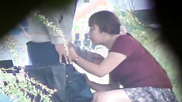 Voyeur records Japanese chick fucking and blowing outside