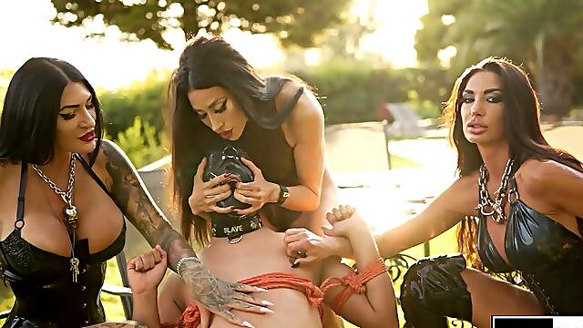 TANGENTOD Outdoor Patio Session: Tattooed Mistresses in Latex Examine Chastity D