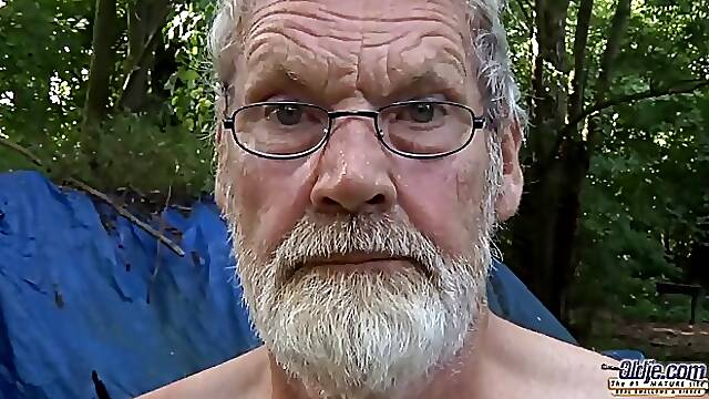 Blonde babes are sharing a grandpa's dick in the backyard and enjoying every second of it