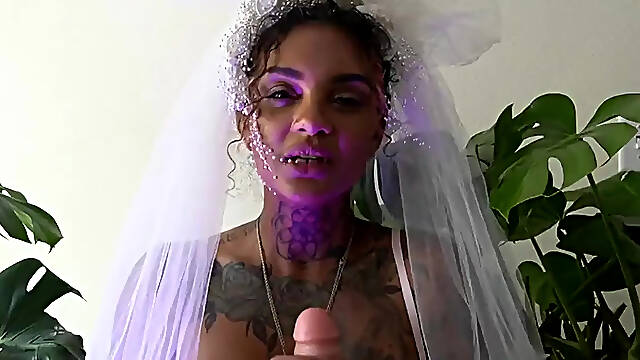 Curvy Black MILF in wedding dress gives deepthroat JOI