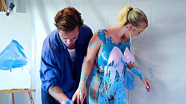 Bailey Brooke covered in blue paint while shagging a hunk