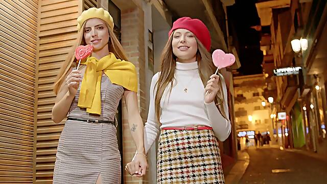 Talia and Emelie tease Christian with their natural assets in a steamy lesbian show