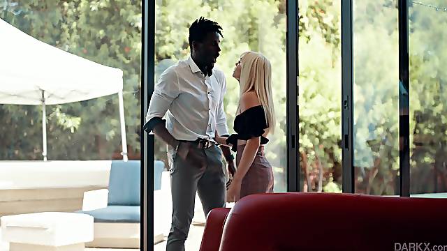 Skinny blonde Lilly Bell spreads her long legs for a black dick