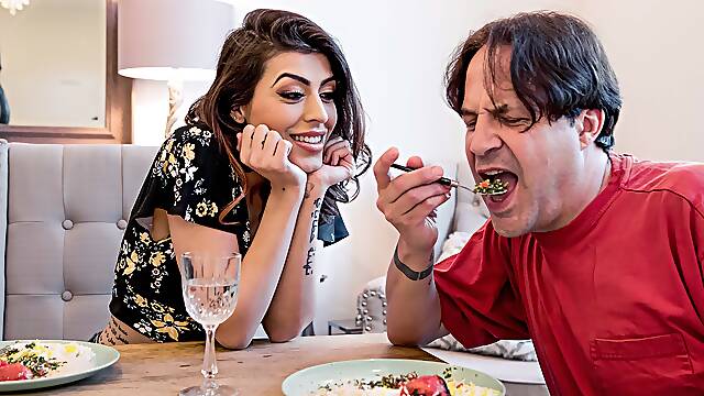 Dark-haired bimbo with natural tits gets fucked by cocky chef