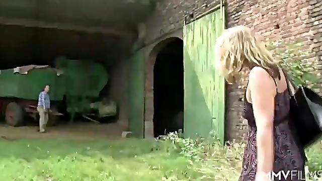 German woman got fucked in the barn, during the time that her spouse was inside the abode, watching TV