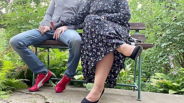 Scorching Milf Handjob, Latex Glove, Cock, Outdoors, Glove for hotwife hubby
