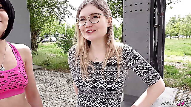 GERMAN SCOUT - Two skinny girls first time ffm 3some at pickup in Berlin