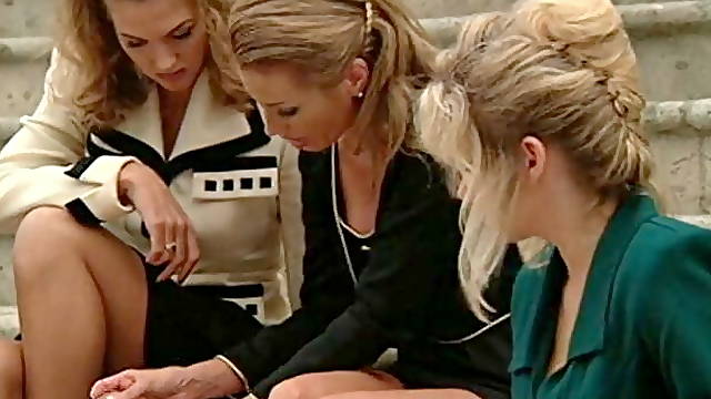 Horny milfs get screwed till orgasm in an outdoor threesome