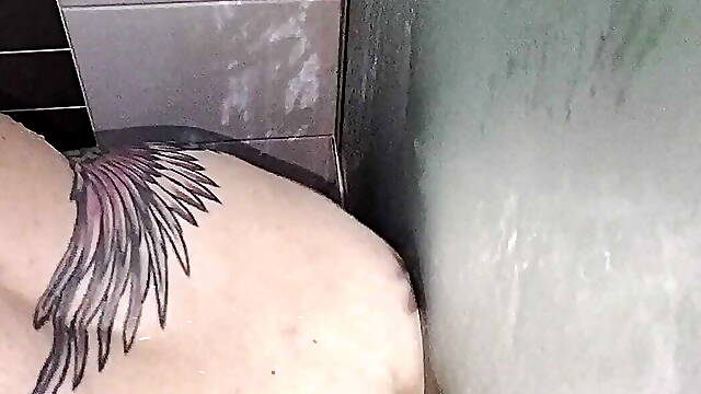 Sexywifedd fucks her big ass in the shower with her tentacle dildo before I fuck her ass