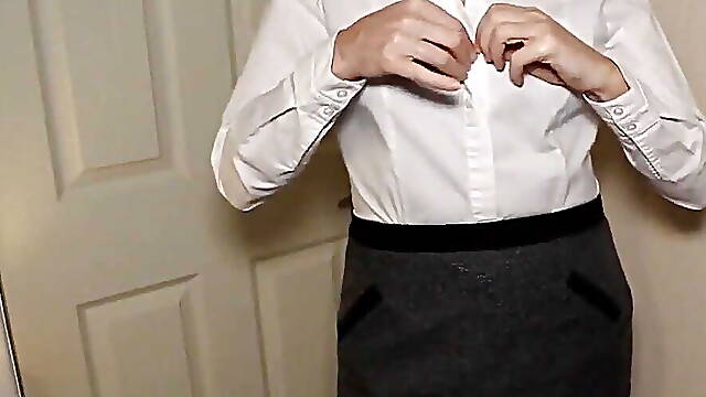 Horny British Secretary Strips &amp; Plays for Her Boss
