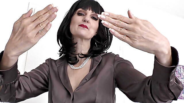 Beautiful Long Fingernails and Hand Shots in Silk Blouse