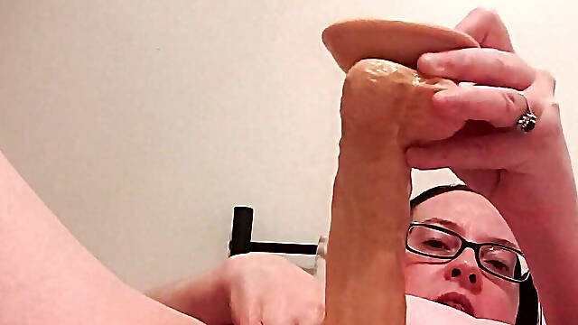 Wife with shaven pussy taking 12 inch Dildo