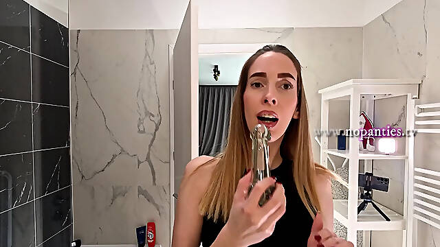 Sexy long legs hot and horny college girl shows her white cotton panties in the bathroom to multiple cams