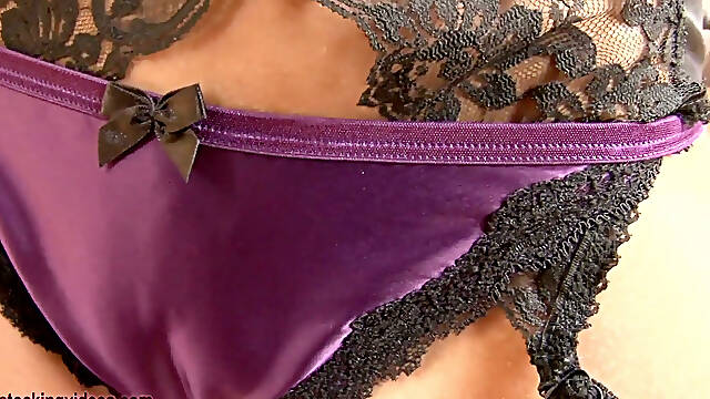 Depraved Bitch Marry Queen in Black Stockings, Shiny Purple Satin Panties &amp; Plastic Coat Whip Tease