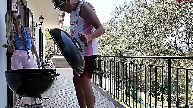 Distressed Stepaunt Seduces and Fucks Virgin Stepnephew to Convince Him to Help Her with the Bbq Before the Guests Arrive
