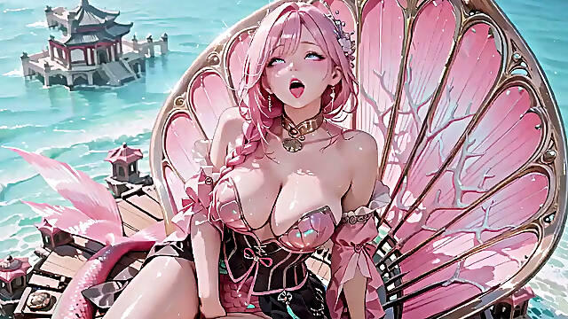 Pink-haired Mermaid Queen! From Dreamy Underwater to a Pure White Private Space, She Kneels Before the Lens Caressing Her Chest