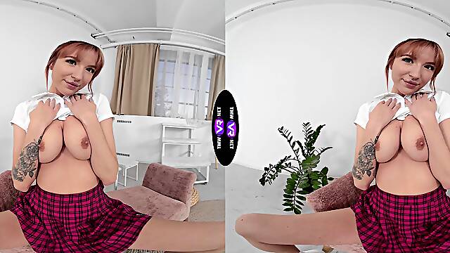 Teen Lilly Mays in VR, spreading her juicy peach for a sock-clad foot fetishist