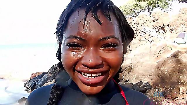 Amateur video of ebony Noemie Bilas teasing and playing with tits